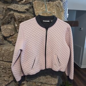 Oleg Cassini Light Pink Quilted Bomber Jacket with Dark Gray Trim